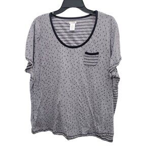 Croft & Barrow Woman's Gray Navy Mixed‎ Print Linen Blend Pocket PJ Tee Plus 2X